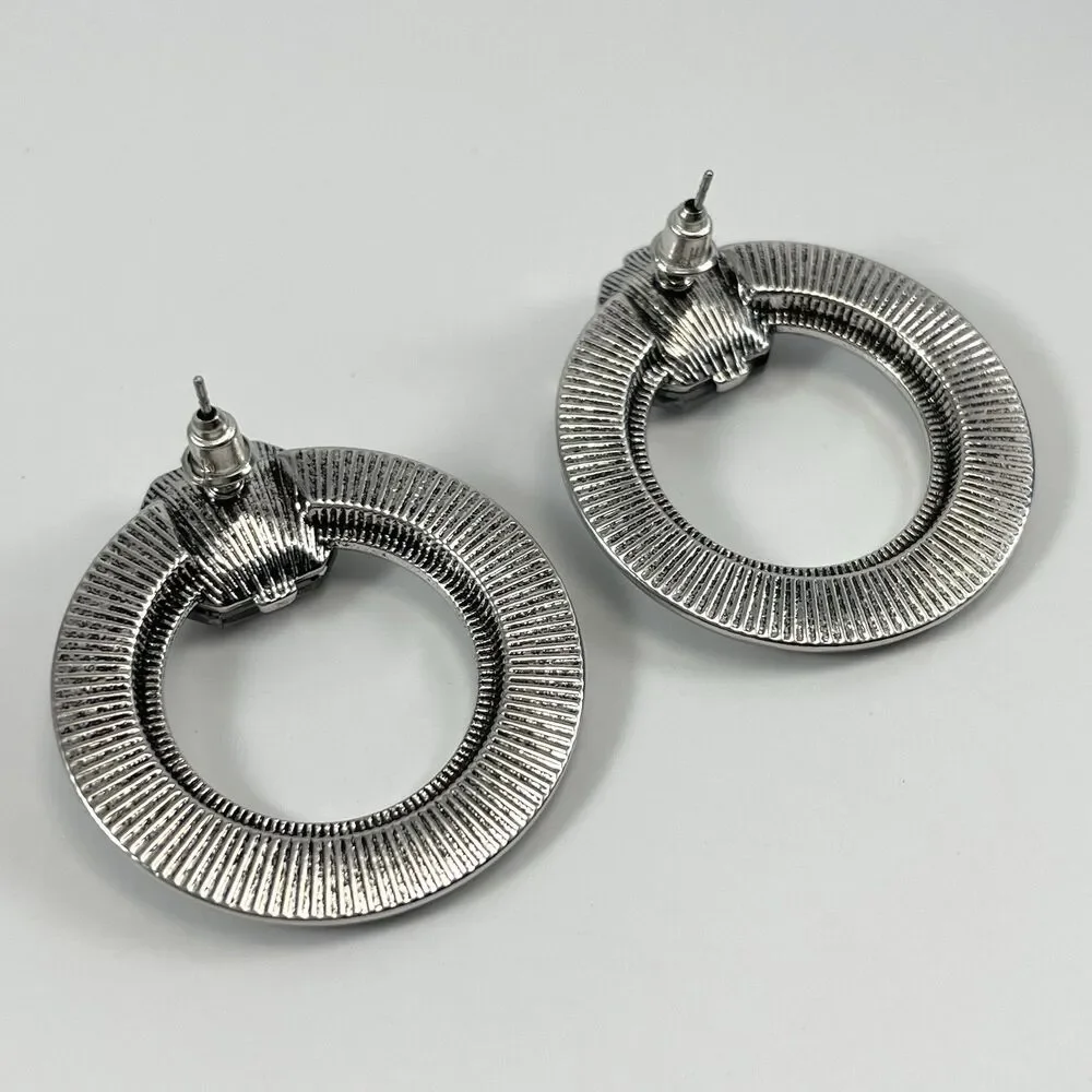 Silver Tone Dark Gray Glass Rhinestone Hammer Finish Round Stud Earrings Boho